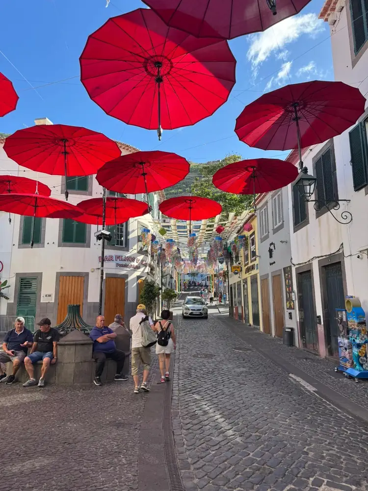 Secrets of the City street with red umbrellas